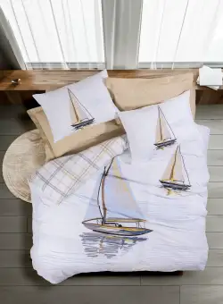 Lenjerie pat Wind, 2 persoane, 4 piese, Bej/Alb, ranforce 100% bumbac