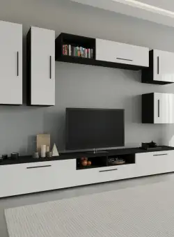 Living Kos V1, Negru/Alb Lucios, MDF, L 285 cm