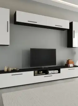 Living Kos V6, Negru/Alb Lucios, MDF, L 285 cm