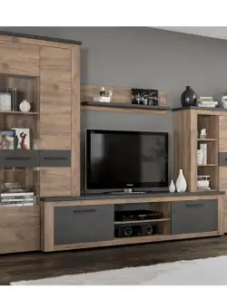 Living MONTREAL, 5 corpuri, corp PAL stejar craft, fronturi PAL stejar craft + tobacco matera, 315x45x200 cm