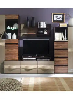 Living OBSESSION Z.A., 6 corpuri, cu lumini LED, corp PAL wenge, fronturi nuc + MDF cappuccino , 300x50x198 cm