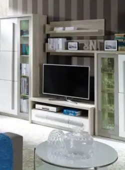 Living ROMA Z.A., 4 corpuri, cu lumini LED, corp PAL stejar sonoma, fronturi MDF gri mat + alb lucios, 194x300x53 cm