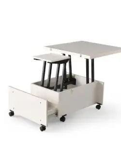 Masa Cafea Smart, Alba, Multifunctionala, Extensibila, Cu Roti, Cu Spatiu Depozitare, 75/150 Cm