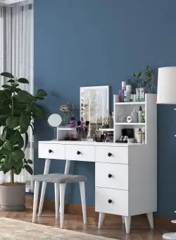 Masa De Machiaj Ema cu 5 Sertare si cu Oglinda, Alb, 122 X 94 X 40 Cm