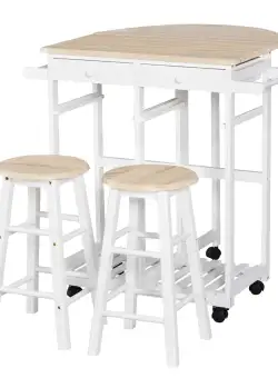 Masa pliabila cu 2 scaune si 4 roti, set masa cu 2 scaune 83,5x74x83cm alb si lemn HOMCOM | Aosom RO