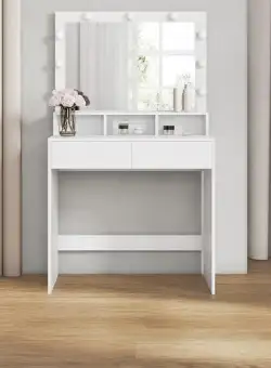 Masuta De Toaleta Cu Iluminare Led, Cu Oglinda, 2 Sertare Si 3 Compartimente, Alb, 80 Cm