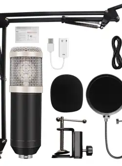 Microfon Profesional de Studio Condenser BM800 cu Stand Inclus pentru Inregistrare Vocala, Streaming, Gaming, Karaoke, Silver