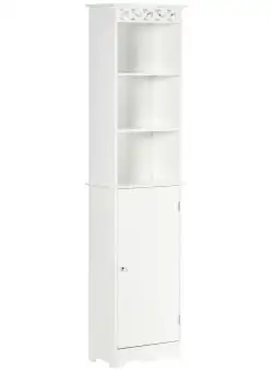 Mobila Coloana HOMCOM pentru Baie, Lemn cu Decor Sculptura Floare Alba 40x23x160cm | Aosom RO