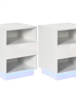 Noptiere moderne cu ED, Set 2 piese din PA alb cu sertar si 2 rafturi deschise, 40x40x55 cm HOMCOM | Aosom RO