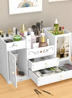 Organizator cosmetice si bijuterii cu sertare si oglinda machiaj, PVC, alb