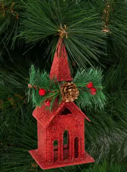 Ornament de brad cu agatatoare - biserica - 16 x 6.5 cm - rosie