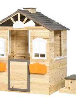 Outsunny Casa de Joaca din Lemn pentru Copii pentru Jocuri de Rol, cu Usa Functionala, Ferestre, Banca, Statie de Service, pentru Copii de 3-7 ani