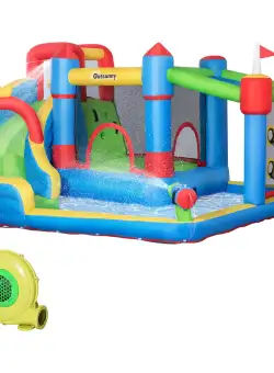 Outsunny Castel Gonflabil 5-în-1 pentru Copii, cu Sac Transport, 3-8 Ani, 3,9x3x2m, Multicolor | Aosom Romania