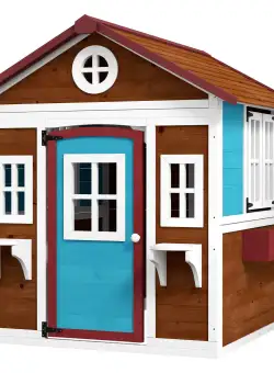 Outsunny Casuta de Joaca din Lemn pentru Copii pentru Exterior si Interior, Casa Wendy din Lemn cu Usi, Ferestre, Ghivece, Maro Inchis