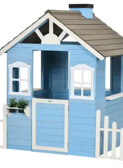 Outsunny Căsuță din Lemn de Exterior pentru Copii cu Ușă și Ferestre, Căsuță pentru Copii de 3-7 Ani, 151x112.5x142 cm, Albastru | Aosom Romania