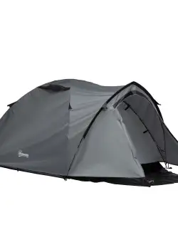 Outsunny Cort Camping Impermeabil 4 Locuri Impermeabil cu Vestibul, Ferestre si Usi cu fermoar, 325x183x130cm Gri