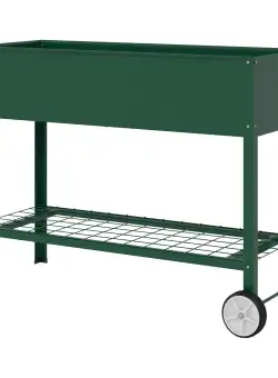 Outsunny Jardinieră Exterioară cu Raft Inferior pentru Unelte, Jardinieră Metalică cu 2 Roți și Mâner, 104x39x80 cm, Verde