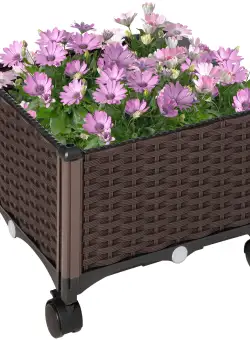 Outsunny Jardinieră Mobilă Exterior din Plastic, cu 4 Roți, Ușor de Mutat, Maro | Aosom Romania