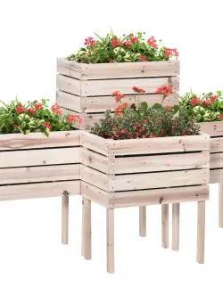 Outsunny Jardiniera Ridicata Lemn Natural, Suport 4 Ghivece Plante, Design Exterior 50x30x60cm | Aosom Romania