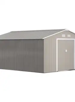 Outsunny Magazie de Gradina cu Usi Duble Glisante si Acoperis Inclinat, Sopron de Gradina din Otel si PP, 3.4x4x2m, Gri