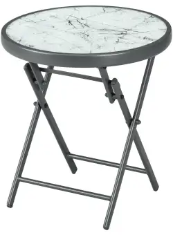 Outsunny Masa Laterala Pentru Exterior Φ45cm, Masa Rotunda Pliabila Cu Blat Din Sticla Din Imitatie De Marmura, Masuta Mica De Cafea, Alb