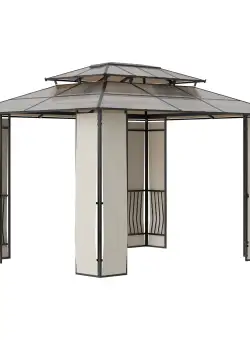 Outsunny Pavilion gradina cu acoperis rigid din policarbonat 3.7x3 Pergola din cadru metalic cu acoperis dublu pentru gradina, veranda, Maro