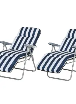 Outsunny Set 2 Scaune Șezlong de Grădină, cu Căptușeală cu Brațe Reclinabile, alb și albastru