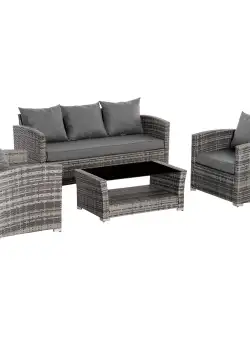 Outsunny Set Canapele de Terasa din Ratan PE, 4 Piese, Inclusiv Masa cu Blat de Sticla Securizata, Perne Confortabile, Gri | Aosom Romania