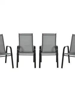 Outsunny Set de 4 Scaune de Grădină Stivuibile, Scaune de Exterior cu Cotiere din Metal și Țesătură Respirabilă, 54x75.5x95 cm, Gri