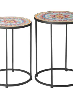 Outsunny Set de Gradina 2 Mese de Gradina din Metal si Ceramica cu Blat Mozaic, Ф41x53 cm e Ф36x49.5 cm, Multicolor