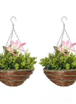 Outsunny Set din 2 plante artificiale clematic, cu cuier si lant pentru agatare, Ф30 x 32 cm, frunze verzi, flori albe si rosii