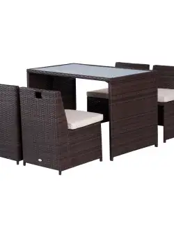 Outsunny Set Mobilier Grădină Ratan 5 Piese, Masă Prânz, 4 Scaune Terasă, Perne Incluse, Maro | Aosom Romania