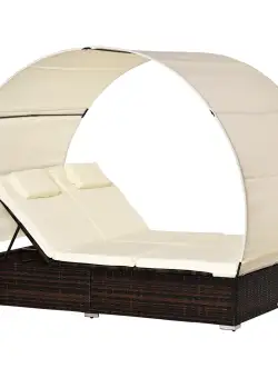 Outsunny Set Mobilier Lux Sezlong Gradina in Ratan PE cu acoperis Dublu Saltea si Spatar Recliner, 196x137x36.5acm Crem | Aosom.ro 