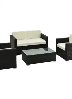 Outsunny Set Mobilier pentru Grădină 4 Piese din Rattan și Oțel Canapea Fotolii și Masă de Cafea Design Modern Crem | Aosom Romania