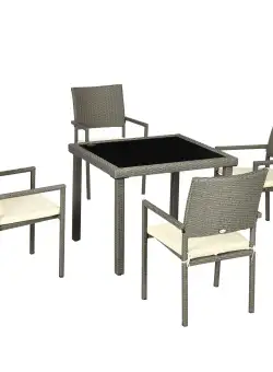 Outsunny Set Mobilier pentru Patio din Ratan PE, 5 Piese, Masă cu Blat de Sticlă și 4 Scaune cu Perne Moi, Gri | Aosom Romania