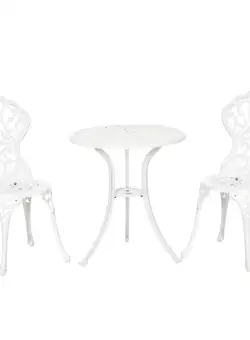 Outsunny Set pentru gradina 3 bucati din aluminiu alb cu design floral, 2 scaune pentru exterior 45x42x85.5 cm si masa rotunda Ø61x66.5 cm | AOSOM RO