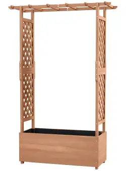 Outsunny Strat de gradina inaltat cu grilaj si acoperis care atarna pentru vita de vie, plante cataratoare, flori, Jardiniera din lemn pentru exterior