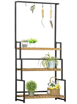 Outsunny Suport de Flori 3 Nivele Lemn de Brad și Metal cu Cârlige pentru Interior Exterior 80x36x174 cm | Aosom Romania