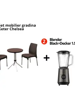 Pachet Set mobilier gradina maro Keter Chelsea + Blender recipient sticla 2 functii Black+Decker 1.5 L 800 W