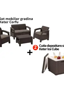 Pachet Set mobilier gradina maro Keter Corfu + Cutie depozitare si racire patrata maro Keter Ice Cube