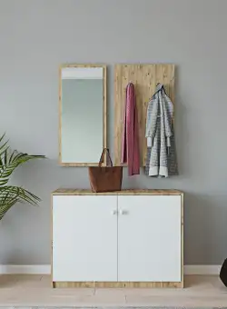 Pantofar Cuier Tobo cu Oglinda cu 2 Usi, Stejar, 96 X 78 X 40 Cm