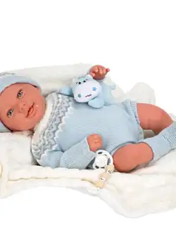 Papusa Reborn bebelus Arias Ibai 45 cm cu patura si animal de plus