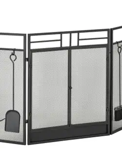 Parascantei pentru Semineu Modern, Paravan pentru Incendiu Pliabil cu 2 Usi din Metal Negru, 122x1.6x80cm Negru HOMCOM | Aosom RO