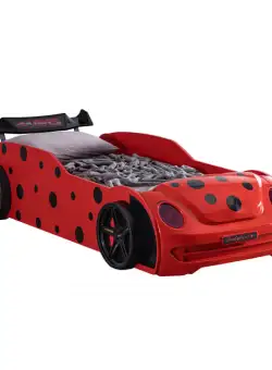 Pat pentru copii masina VOSVOS ECO, cu faruri, lumini led, rosu, 90x190 cm