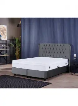 Pat tapitat CROWN, 160x200 cm, lada depozitare, gri deschis