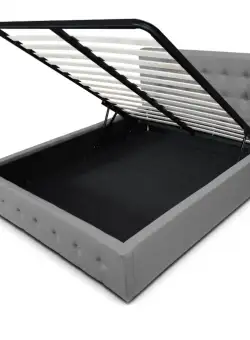 Pat tapitat cu piele ecologica, 140 x 200 , cu sertar lenjerii si somiera rabatabila, Culoare Gri, Hans