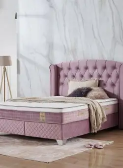 Pat tapitat ROMA, 180x200 cm, cu saltea inclusa si lada depozitare, roz