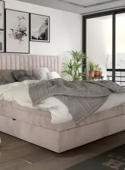 Pat tapitat tip boxspring Minola – 140/200, L217 x l159 x h121 cm