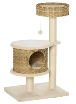 PawHut Arbore de Zgâriat pentru Pisici cu Culcuș și Căsuță din Ratan, Stâlpi din Sisal, 55x47x95 cm, Bej | Aosom Romania