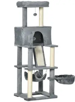 PawHut Arbore de Zgâriat pentru Pisici, cu Stâlpi din Sisal, Casă de Pluș, Pat și Hamace, 48x48x140cm, Gri | Aosom Romania